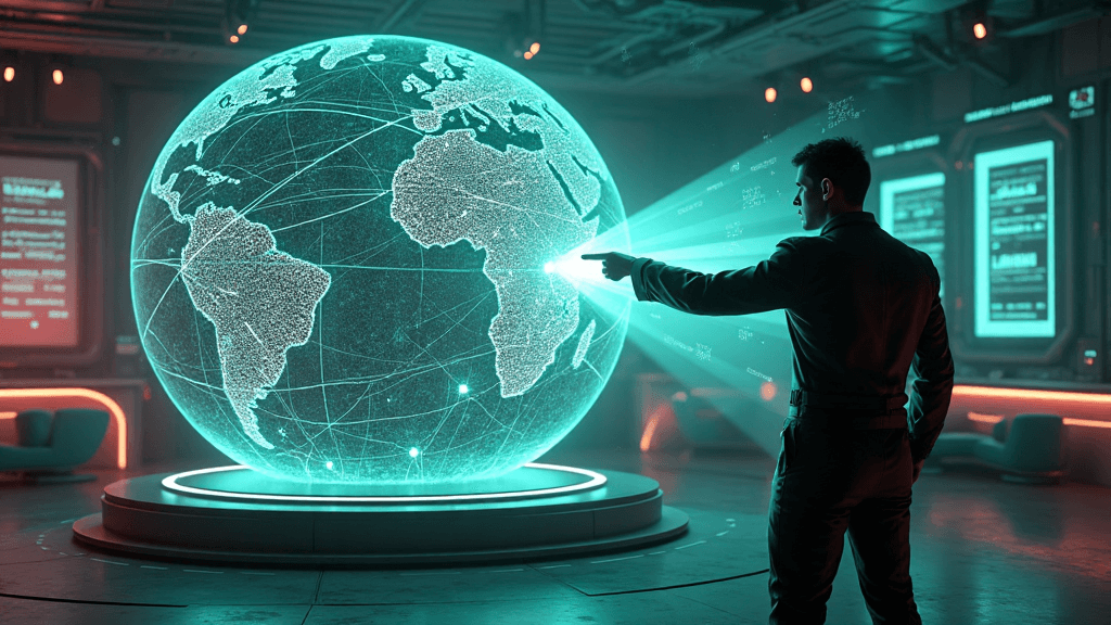 Man pointing at large, illuminated globe showing continents.