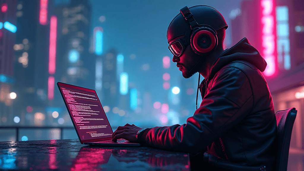 futuristic man checking email on laptop