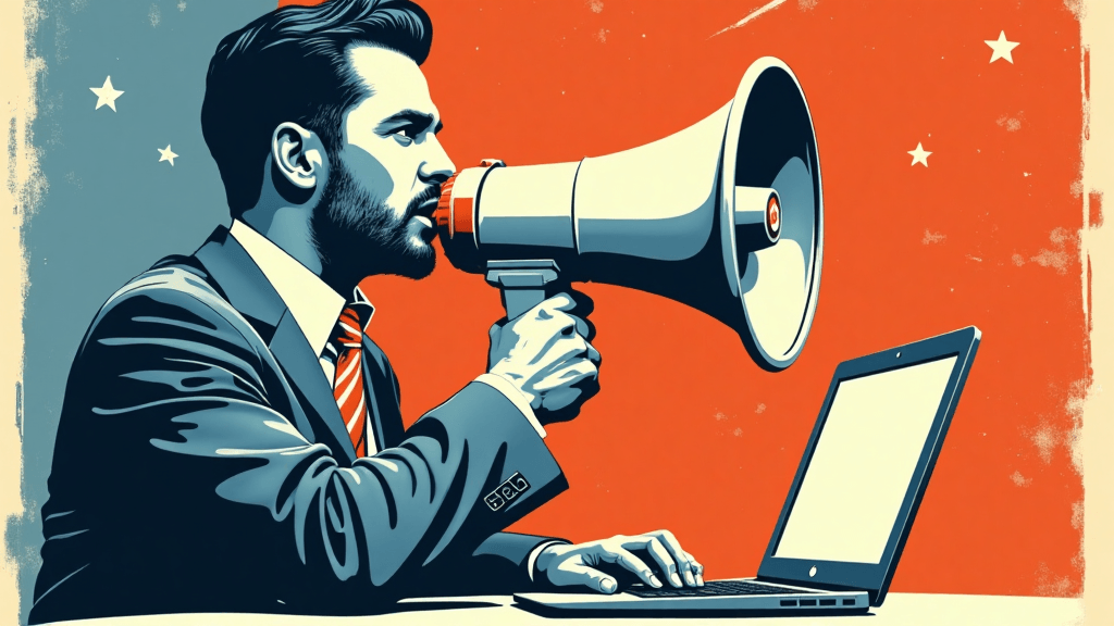 cartoon man with megaphone yelling at laptop