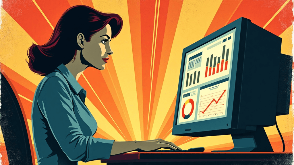 cartoon woman sitting at laptop looking at charts and graphs
