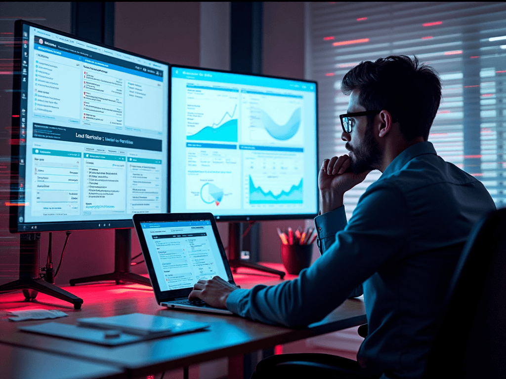 man sitting at computer analyzing data