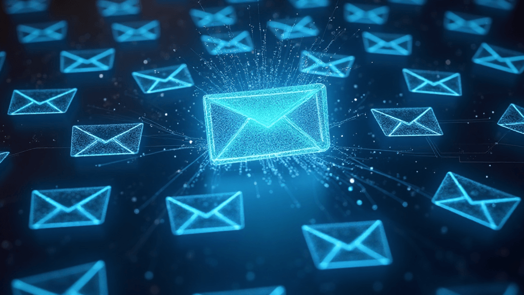 Blue email envelopes floating in surreal background